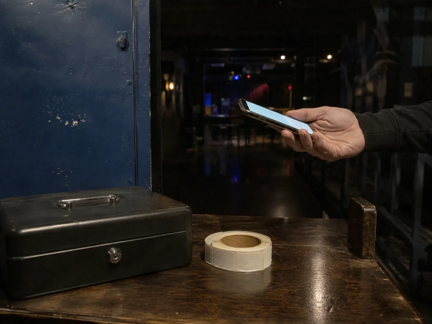 A door table with a cash box, a wristband roll, and a phone ready to scan