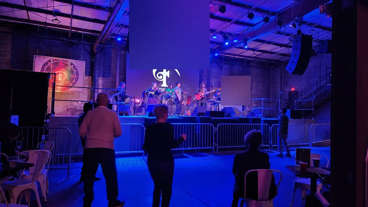 A band playing to a thinly filled floor