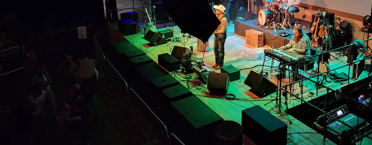 The stage deck, monitors and cabling during a set