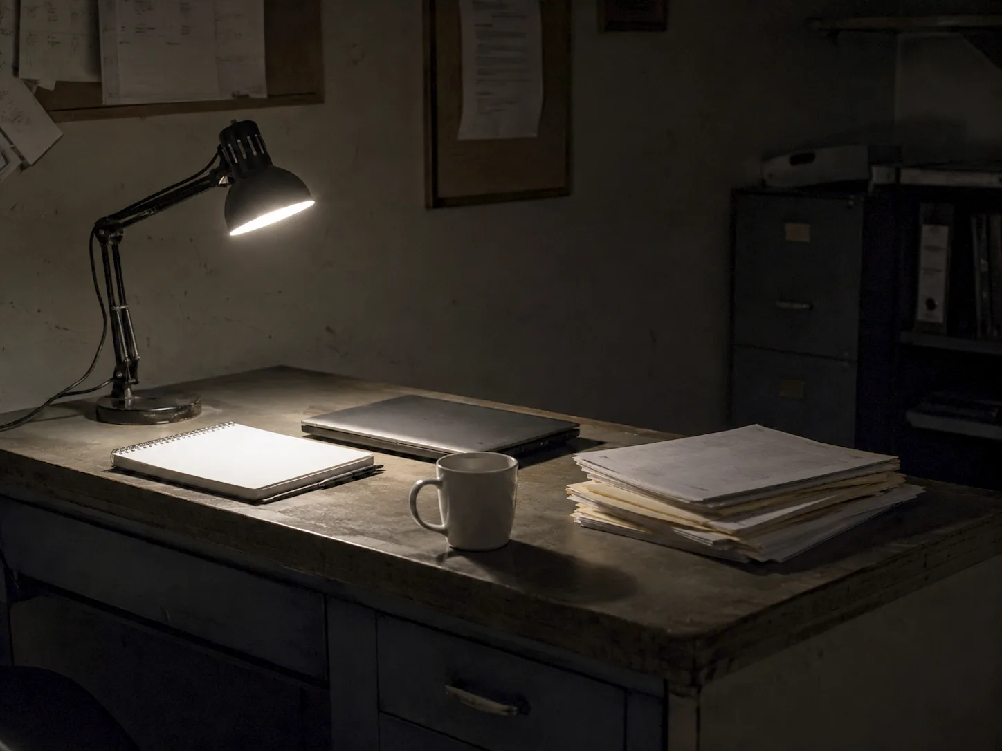 A small back-office desk under one lamp where shows get booked